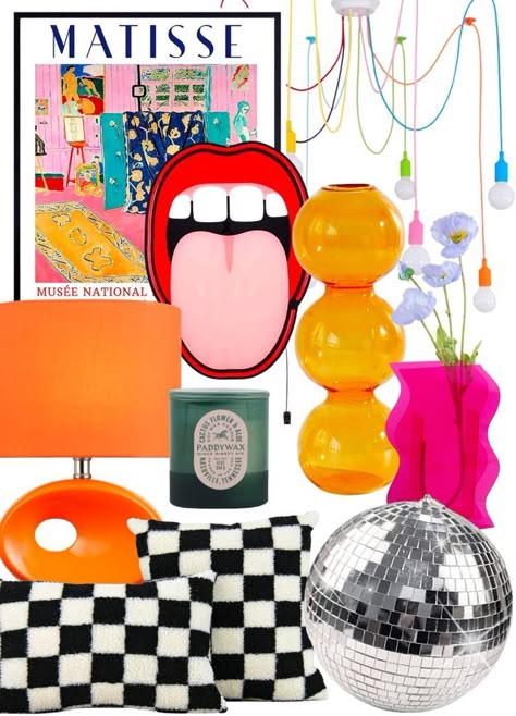 Budget Maximalism, Funky Unique Decor, Aesthetic Room Decor Colorful, Unique Eclectic Decor, Eclectic Disco Decor, Floating Shelves Maximalist, Retro Table Setting Decor, Disco Powder Room, Cute Funky Room Decor