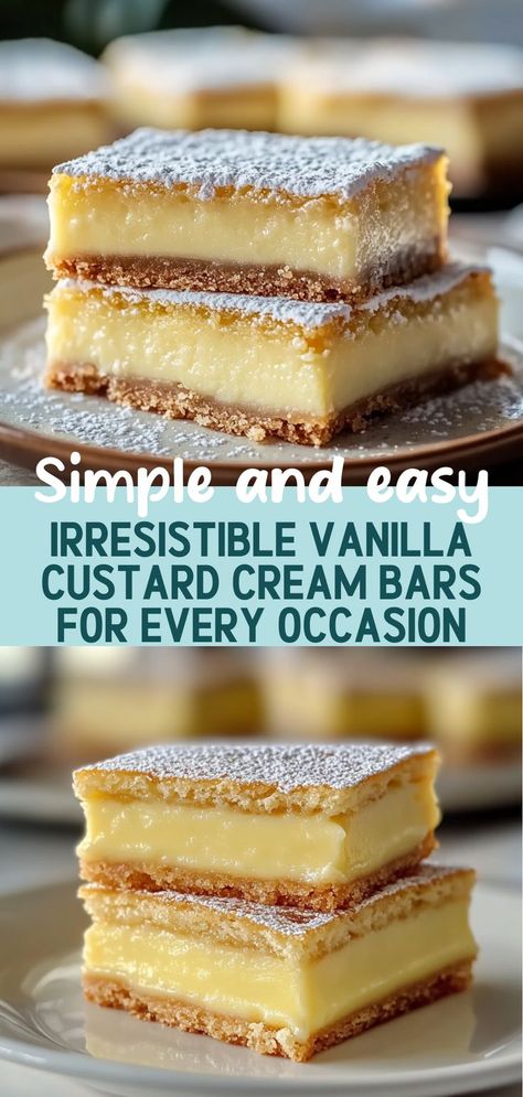 Dive into the world of delectable desserts with these Irresistible Vanilla Custard Cream Bars! This easy recipe features a buttery crust and a rich, creamy vanilla custard filling that will leave your taste buds dancing. Perfect for parties, family gatherings, or a sweet afternoon treat, these bars are a foolproof way to impress your guests. With simple ingredients and straightforward steps, you’ll be serving up these delightful custard bars in no time! Vanilla Custard Recipe, Cream Custard, Custard Recipes, Custard Filling, Vanilla Custard, Filling Recipes, Dessert Bars, Bars Recipes, Vanilla Bean