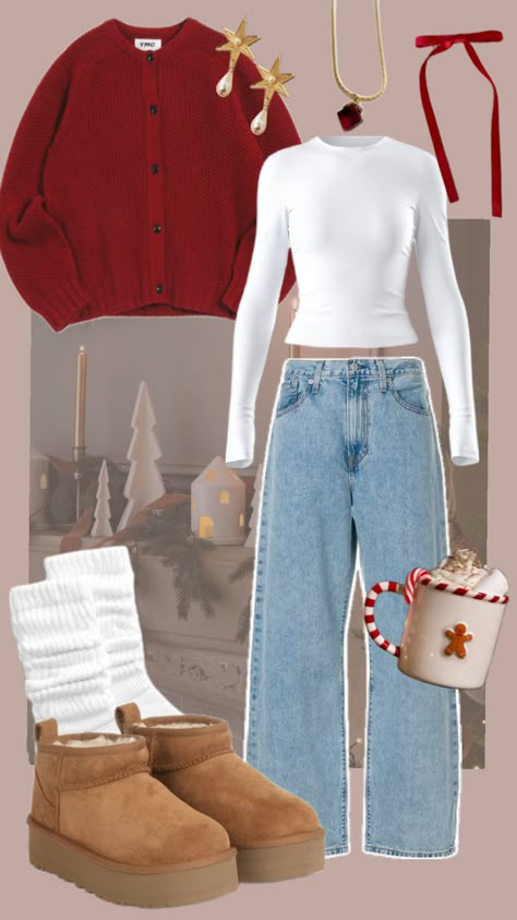 Cozy Red Cardigan and Jeans Christmas Outfit 🎄🛷#winteroutfitinspo #christmasoutfitinspo #christmasoutfitcomfy Casual Comfy Christmas Outfit, Christmas Fit Ideas Women, Cozy Xmas Outfits, Christmas Outfit Uggs, White And Red Christmas Outfit, Cozy Christmas Day Outfit, Cozy Christmas Party Outfit, Red Cardigan Christmas Outfit, Outfit Ideas For Christmas Party Casual