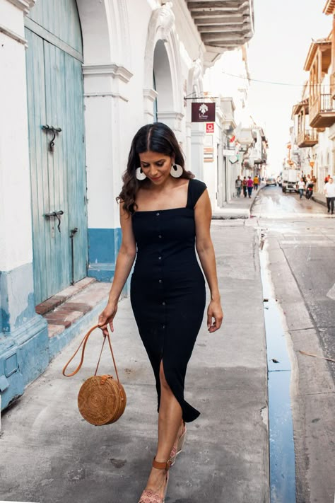 Black midi dress+camel wedges+rattan round crossbody bag+earrings. Summer Dressy Casual Outfit 2018 Beach Date Outfit, Olivia Jeanette, Dressy Casual Outfits, Date Night Outfit Classy, Black Dress Outfits, Date Outfit, Date Night Outfits, Beach Outfits, Summer Night