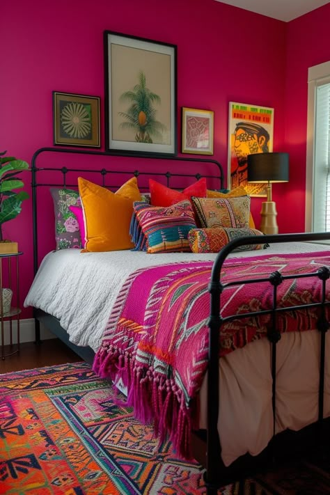 Unleash your creativity in this artistic grown woman bedroom. Bright fuchsia walls set a vibrant and energetic tone, complemented by an eclectic mix of art. A modern metal bed frame and colorful throw pillows add a playful and artistic touch to the space. Teenage Girl Bedroom Color Schemes, Mexican Bedroom, Funky Bedroom, Purple Bedrooms, Mexican Home Decor, Small Bedroom Ideas, Woman Bedroom, Bedroom Paint Colors, Tiny Bedroom