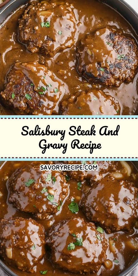 Looking for a classic comfort food that’s quick to prepare? This Salisbury Steak and Gravy Recipe is a must-try, turning simple ground beef into a flavorful delight. Save this recipe for a delicious weeknight dinner that will impress your family and friends! Ground Meat Dinners, Salisbury Steak And Gravy, Onion And Mushroom Gravy, Steak And Gravy Recipe, Steak Crockpot, Best Salisbury Steak, Best Salisbury Steak Recipe, Salisbury Steak Crockpot, Steak And Gravy