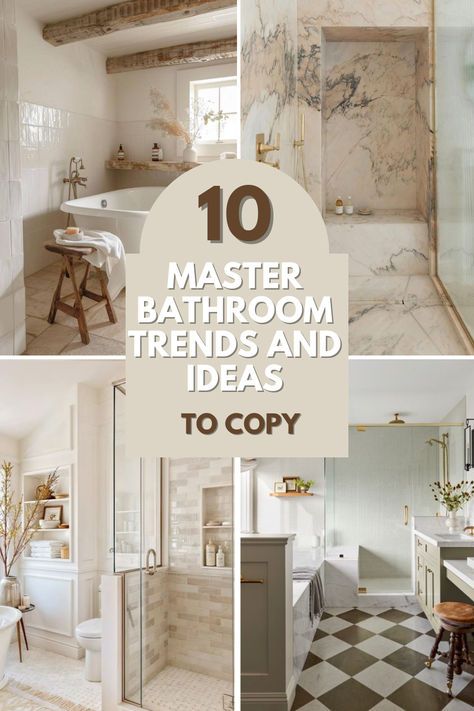 I am excited to bring you 10 master bathroom design ideas that are stunning, modern and trending! Get inspired for your own master bathroom design! Master Bath Vision Board, Bathroom Remodel Classic Master Bath, Sleek Master Bath, Southern Living Bathroom Ideas, European Style Bathroom Design, Bathroom Remodel Traditional, Mediterranean Master Bath Ideas, Bathroom Design Mood Board, 2025 Bathroom Design