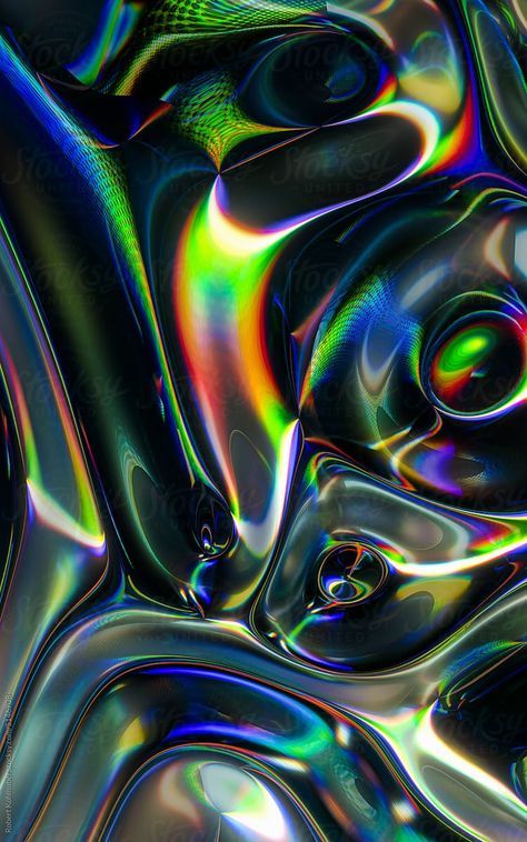 "Dark Abstract 3D Render Of A Colorful, Wavy Holographic Glass Cloth" by Stocksy Contributor "Robert Kohlhuber" - Stocksy Iridescent Palette, Dark Holographic Wallpaper, Dark Holographic, Holographic Black, Dark Abstract, Black Holographic, Iridescent Black, Black Iridescent, Stock Portfolio