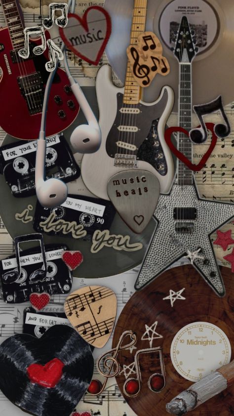 #music #musicshuffle #guitar #headphones #taylorswift #stars #hearts #cd #records Musical Instruments, Musical, Guitar, Wallpapers, Collage, Music