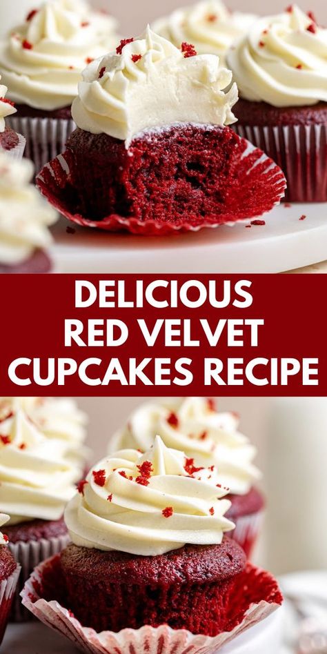 Bake rich and moist red velvet cupcakes with this simple recipe! These cupcakes have a soft, velvety texture, a hint of cocoa, and a creamy topping that makes them perfect for any event. Enjoy the delicious flavor and beautiful color of these red velvet cupcakes in every bite! Red Velvet Cupcakes Homemade, Red Velvet Cake Cupcakes, Red Vvet Cupcake, Dessert In Cupcake Liner, Simple Red Velvet Cupcakes, Cupcake Recipes Dairy Free, The Best Red Velvet Cupcakes, Red Velvet Emulsion Recipes, Red Velvet Recipes Easy