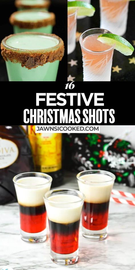 16 Festive Christmas Shots for your Holiday Party- from fun and festive shooters to tasty jello shots and pudding shots! Simple Alcoholic Drinks, Christmas Shots Alcohol, Holiday Shot Recipes, Holiday Jello Shots, Yummy Shots, Fun Christmas Cocktails, Christmas Vodka, Shots Alcohol Recipes, Holiday Drink Recipes