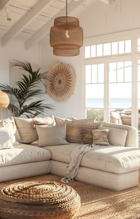 Unique Boho Living Rooms with Coastal Flair | Boho Living Rooms Coastal Boho Interior, Coastal Boho Living Room, Neutral Coastal Living Room, Boho Beach House Decor, Beachy Living Room, Bohemian Style Living Room, Boho Living Room Inspiration, House Flipper, Beach House Living Room