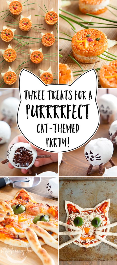 Throw a cat-themed party, with food as cute as it is delicious. The treats include a smiling cat pizza with breadstick whiskers, adorable kitty rice cakes, and wonderful little chocolate kitty cake pops to finish. Kitty Cake Pops, Cat Themed Party, Cat Pizza, Kitten Birthday Party, Cat Themed Parties, Cat Themed Birthday Party, Kitten Party, Kitten Birthday, Pizza Cat