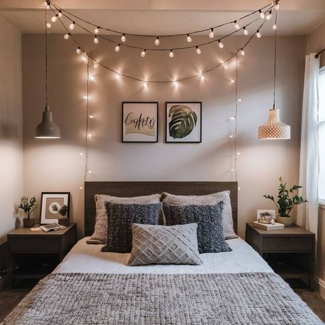 13 Creative Small Bedroom Lighting Ideas to Brighten Your Space 12 Lighten Up Dark Bedroom, Drop Lights Bedroom, Hanging Lights In Bedroom Ceilings, Globe Lights Bedroom, Bedroom String Lights Ideas, String Lights In Bedroom, Bedroom Fairy Light Ideas, Bedside Lamps Ideas Bedrooms, Minimalist Bedroom Lighting