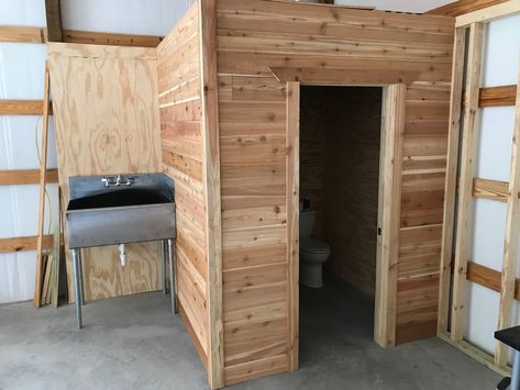 Workshop Bathroom Garage Restroom Ideas, Small Shop Bathroom Ideas, Small Garage Bathroom, Bathroom In Garage, Shop Bathroom Ideas Garages, Shed With Bathroom, Workshop Bathroom, Pole Barn Living Quarters, Shop Bathroom Ideas