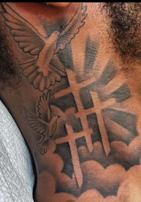 Cross On Neck Tattoo Men, Red Cross Neck Tattoo, Chrome Heart Neck Tattoo, Neck Tattoo For Guys Birds, Praying Hands Neck Tattoo, Humble Neck Tattoo, Black Male Neck Tattoos, Cross Tattoo For Men Neck, Small Tattoos With Meaning For Men Guys