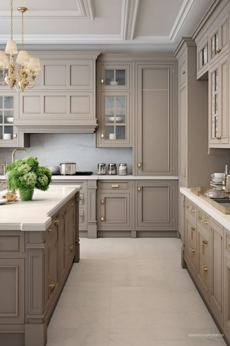 How to Infuse Warmth and Sophistication into Your Kitchen Taupe Kitchen Design, Coffee Colored Cabinets Kitchen, Stone Cabinets Kitchen, Greige Painted Kitchen Cabinets, Clay Cabinets Kitchen, Kitchen Cabinets Sand Color, Grey Cream Kitchen, Beige Taupe Kitchen Cabinets, Taupe Kitchen Cabinets Modern