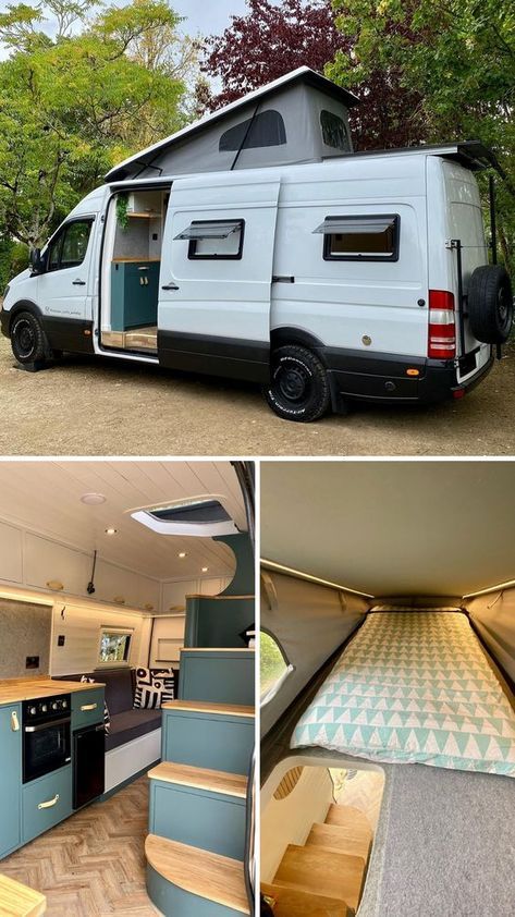 Here is yet another incredible VW Crafter van build. This time with a staircase leading to a pop top upstairs bedroom. Astuces Camping-car, Van Vw, Kombi Home, Campervan Life, Build A Camper Van, Lake Food Ideas Summer, Build A Camper, Food Ideas Summer, Van Build