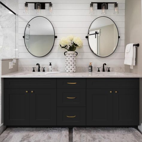 The Black Shaker 60" vanity double sink base cabinet with three 12" drawers in the middle. The two 24" sections on either side of the drawer bank include double doors and a single false drawer front to accommodate a drop in sink top. Dimensions: 60" W x 34.5" H x 21" D ***Listing is for the vanity only. Countertops and door/drawer pulls are not included. Sample doors are available and recommended so you can see the finish in person. Bathroom Ideas Countertops, Master Bath Stained Cabinets, Black Stained Bathroom Cabinets, Black Vanity Gold Hardware Powder Room, Bathroom Black Cabinets White Counter, Gray Vanity Black Hardware, Dark Counter Bathroom, Bathroom Black Vanity Ideas, Black Bathroom Cabinet Hardware