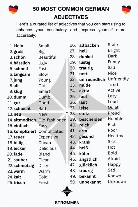 THE 50 MOST COMMON GERMAN ADJECTIVES Adjectives In German, German Basic Vocabulary, German Word Of The Day, German Past Tense, How To Learn German Fast, German Learning Tips, German Vocabulary List A1-a2, German Worksheets For Beginners, German Vocabulary List A1-b2