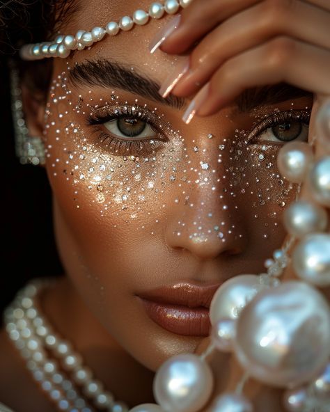 Artistic Makeup Photography, Fashion Photography Makeup, Self Portrait Editorial, Artistic Photography Portrait, Pearl Photoshoot Ideas, Makeup With Crystals, Pearl Shoot, Makeup With Pearls, Makeup Portrait Photography