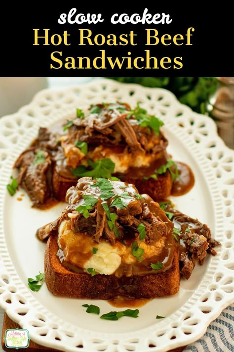 This Hot Roast Beef Sandwiches recipe is rich with flavor. Serve it over mashed potatoes and Texas Toast drizzled with the onion gravy. #hotroastbeef #roastbeef #potroastrecipes #slowcookerroast #crockpotroast #chuckroastrecipe Slow Cooker Hot Roast Beef Sandwiches, Hot Roast Beef Sandwich Recipes, Hot Roast Beef Sandwiches, Roast Beef Sandwich Recipes, Southern Style Kitchen, Beef Sandwich Recipes, Chuck Roast Recipes, Over Mashed Potatoes, Beef Sandwiches