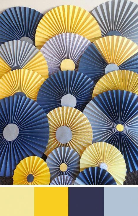 Blue And Yellow Living Room, Blue Lemonade, Best Wedding Colors, Yellow Colour Scheme, Color Palette Yellow, Gold Color Scheme, Yellow Living Room, Wedding Colors Blue, Paper Fans