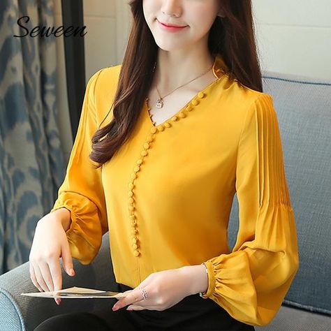 V Neck Chiffon Long Lantern Sleeve Office Ladies Tops Ladies Tops Fashion Shirts, Blouse Tops Designs, Ladies Tops Blouses, Women Chiffon Blouse, Chiffon Tops Blouses, Chiffon Top Designs, Women Blouses Fashion, Ladies Blouse Designs, Fashion Shirts