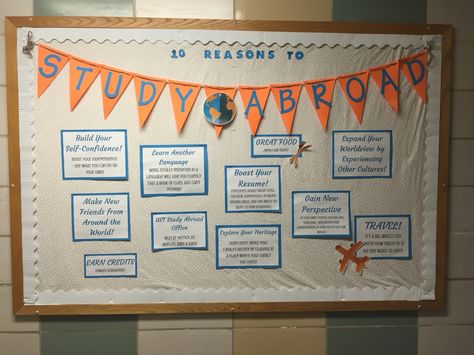 Great bulletin board about studying abroad #ralife Study Abroad Bulletin Board, Llc Ideas, Ra Programming, Ra Decorations, Resident Assistant Bulletin Boards, Resident Advisor, Ra Bulletins, Ra Boards, Ra Bulletin Boards