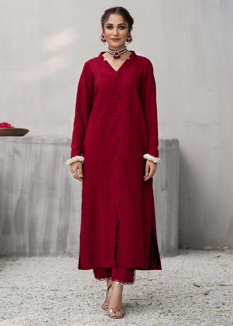 Fk W 04 | LAAM | Pakistan's Largest Fashion Discovery Platform Winter Shirts Designs Pakistani, Open Shirt Designs Pakistani, Front Open Kurti Designs, Shirts Designs Pakistani, Red Kurta Set, Long Denim Shirt Dress, Winter Shirt Design, Cut Shirt Designs, Red Colour Dress