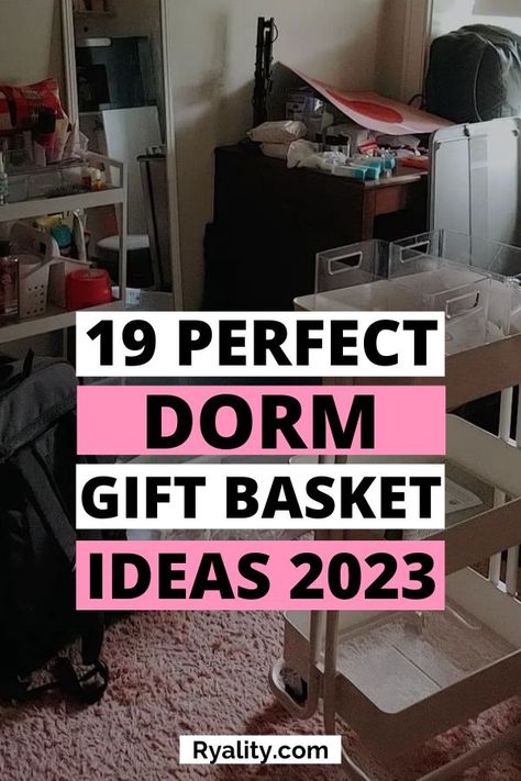 this list is PERFECT it has the best dorm gift ideas to give. I remember using all this stuff in my dorm room so I'm going to save this list for when my sister moves into the dorms to get her some stuff College Gift Basket For Girls, Dorm Gift Ideas, College Dorm Gift Ideas, Dorm Gift Basket, College Roommate Gift, College Gift Boxes, College Gift Baskets, Best College Dorms, College Dorm Gifts