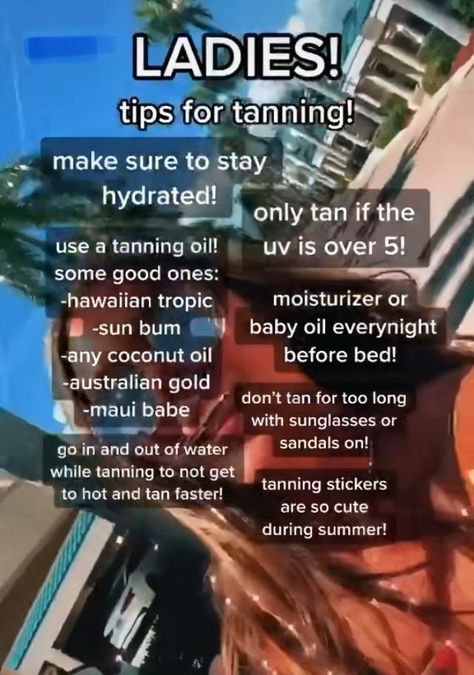 Tanning tips! Does Coconut Oil Help You Tan, How To Tan In Winter, Best Uv Index For Tanning, How To Get A Good Tan Natural, Tanning With Coconut Oil, Tanning Tips For Pale People, How To Make Tanning Oil, Tanning Tips In The Sun Natural, How To Tan Without Burning