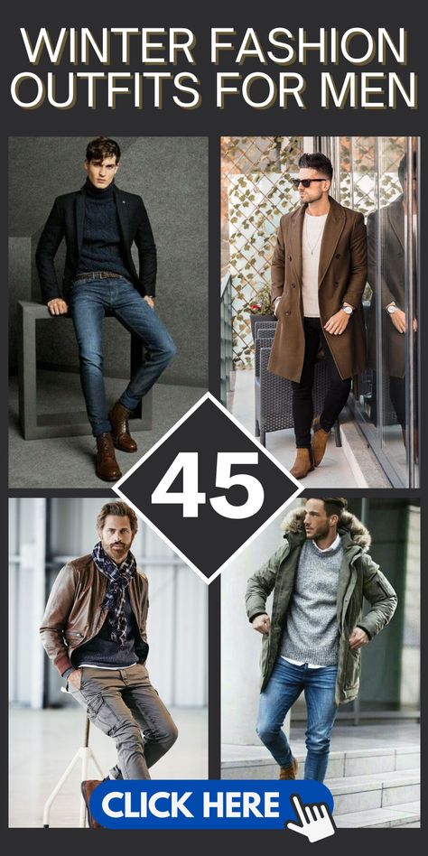 Stay warm and stylish with these 45 perfect winter fashion outfits for men. From cozy layers to fashionable accessories, find the ideal winter wardrobe. #WinterFashion #MensWinterOutfits #WinterStyle #ColdWeatherFashion #MensFashion2024 Mens Winter Clothing Styles, Men’s Fashion Casual Winter, Cabin Outfit Winter Men, Mens Winter Dressy Outfits, Winter Work Outfit For Men, Man Outfit Casual Winter, Men’s Turtleneck Sweater Outfit, Mens Layered Winter Outfits, Hoodie And Coat Outfit Men