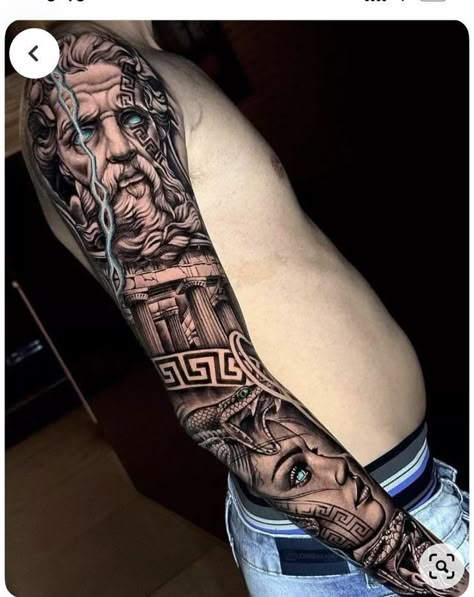 Greek Mythology Tattoos Zeus, Ilia Topuria Tattoo, Versace Tattoo, Mens Full Sleeve Tattoo, Baby Owl Tattoos, Calf Tattoo Men, Tricep Tattoos, Greek God Tattoo, Half Sleeve Tattoos Forearm