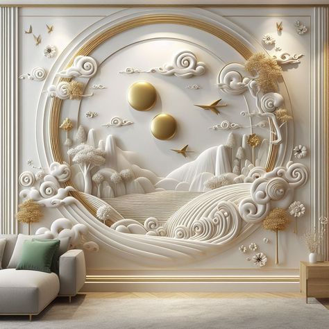 3d Mural In Light Silk With Golden Accents 3D Wall Wallpaper 2024 1#pikbest##Illustration 3d Wallpaper Mural, 3d Wallpaper For Walls, Wallpaper For Wall, Accent Wall Designs, Interior Design Your Home, Light Silk, 3d Wall Murals, Embossed Wallpaper, Custom Murals