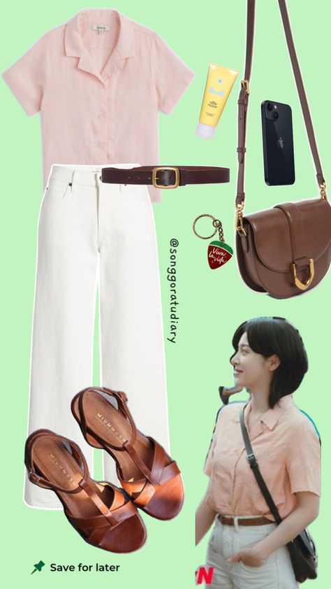 Seol In Ah Twinkling Watermelon Korean Drama Outfit Travel Tengah Tahun Drama Outfit, Watermelon Outfit, Fashion Show Poster, Jean Sandals, Outfit Holiday, Outfit Travel, Retro Bags, Vintage Button, Korean Outfits