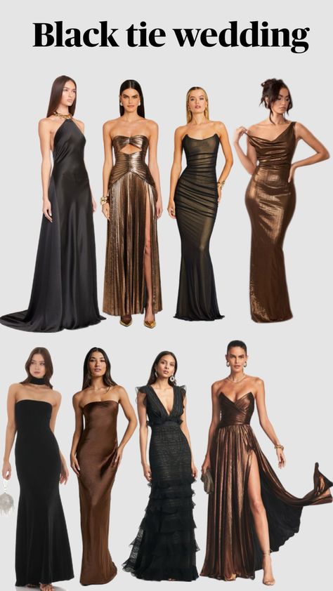 Dress inspo 🖤🤎 Bridesmaid Dress Color Schemes, Black Tie Dress Code, Academia Aesthetic Outfit, Wedding Lookbook, Dress Code Wedding, Dress Hire, Bride Sister, Fall Wedding Guest Dress, Guest Attire