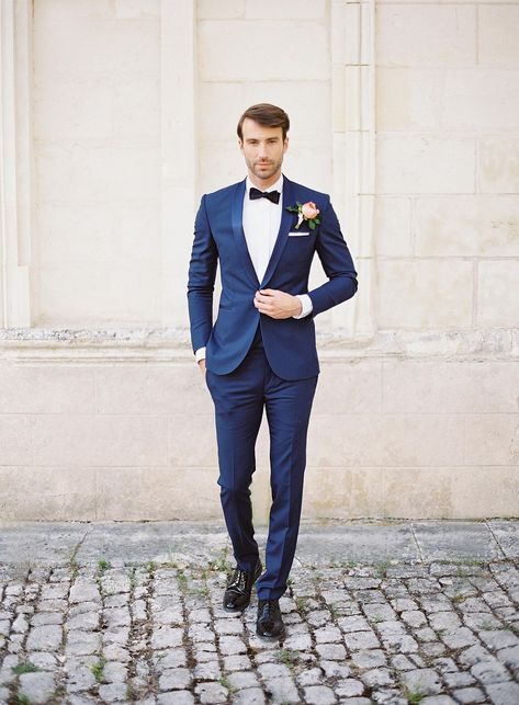 Groom Style Blue, Navy Blue Suit Groom, Wedding Suit Blue, Blue Tuxedo Wedding, Men Wedding Suit, Suit For Men Wedding, Navy Tuxedos, Blue Tuxedo, French Chateau Wedding