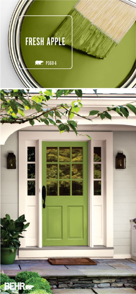 Looking for an easy way to add a burst of bright color to the exterior of your home? Check out BEHR’s Color of the Month: Fresh Apple. This modern green hue shines when paired with soft creams and light grays. Try painting your front door with this bright color to give your home a subtly modern flair. Green Front Doors, Door Colors, Exterior Paint Colors For House, Green Door, Front Door Colors, Exterior Paint Colors, Color My World, Door Color, Exterior House Colors