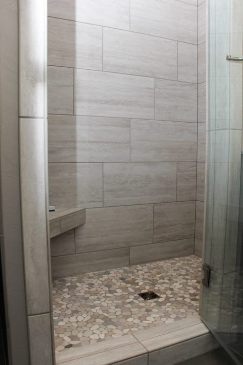 Gray Tiled Shower with Accent Pebble Tile Shower Floor Pebble Tile Shower Floor, Pebble Tile Shower, Gray Shower Tile, Small Shower Remodel, Bilik Air, Pebble Tile, Master Shower, Tiled Shower, Master Bath Ideas