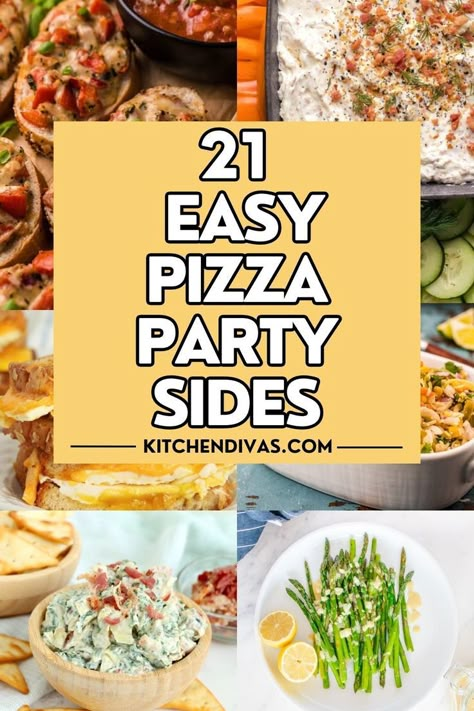 Collage of various pizza party side recipes with graphic overlay. Party Salad Ideas, Pizza Party Side Dishes, Oven Appetizers, What To Serve With Pizza, Pizza Night Party, Woodfire Pizza Oven, Pizza Dinner Party, Pizza Party Food, Pizza Side Dishes