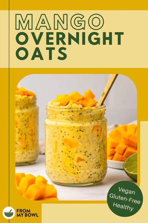 Mango Overnight Oats Healthy, Frozen Mango Overnight Oats, Passion Fruit Overnight Oats, Overnight Oats Tropical, Overnight Oats Mango Coconut, Mango Overnight Oats, Coconut Cream Recipes, Chia Seed Coconut Milk, Vegan Overnight Oats