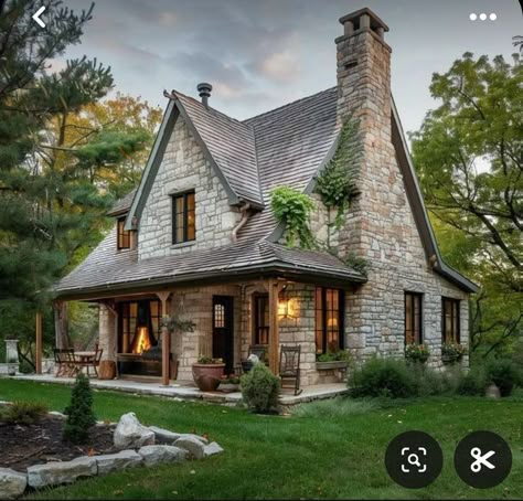 Stone Cottage Porch, Stone House Front Porch, River Stone House, Small Stone Cottage House Plans, Cottage Stone Wall, Stone Cottage With Porch, Ranch Houses With Porches, Stone Cabins And Cottages, Small Rustic Cottage