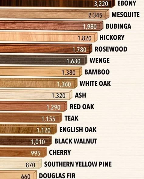 Rustic Cabins & Wood Decor | The hardness of various types of wood . | Facebook Different Types Of Furniture Wood, Wood Types Chart, Architectural Drafting, Different Woods, Wood Element, Lumber Sizes, Type Chart, Wood Colours, Pallet Projects Garden