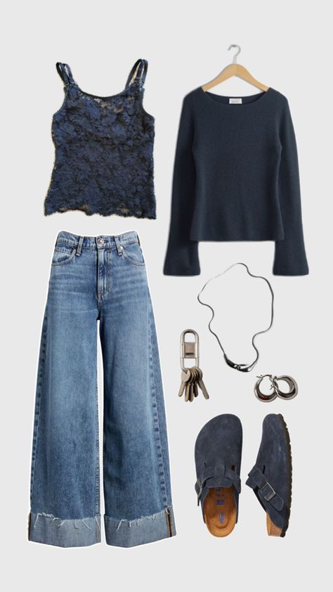 navy blue sweater, suede boston clogs, lace tank top, wide leg fold over jeans, silver jewelry Outfits To Go Thrifting, Transitional Fall Outfits, Outfit Navy, 2024 Outfits, Navy Outfit, Cute Everyday Outfits, Basic Outfits, College Fashion, Dream Clothes