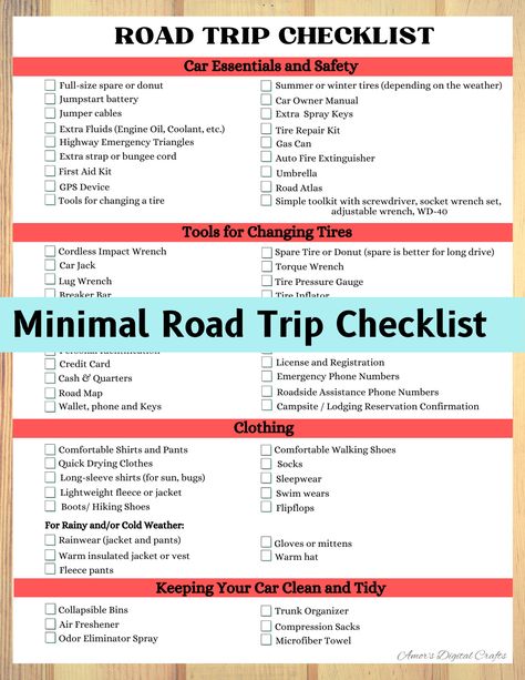 Digital Road Trip Checklist Complete Easy to Follow - 1 Page Back to Back! Never forget any Road Trip Necessities! Road Trip Checklists A road trip checklist that is curated from personal experience and my recent road trip to West Virginia, if only I have a checklist like this it would have save me from a lot of troubles and stress on the road thus the incident made me cut my trip short and just go home. This checklist will for sure help you prepare and enjoy your roadtrips. Road trip Printable Checklist Package - Letter Size 8.5″ x 11″ Can be printed Back to Back or 2 Page Document. Laminate for more durability and protection. Complete and Concise : Simple and easy to follow, Road Trip checklist that contains the most important and must have items for your next Road trip adventures. From Roadtrip Checklist, Packing List For Road Trip, Road Trip List, Road Trip Essentials For Kids, Basic Camping Checklist, Road Trip Necessities, Road Trip Printables, Road Trip Checklist, Travel Packing Checklist