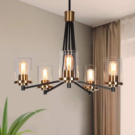 Modern Glam 5-Light Black Gold Chandelier Dining Room Chandelier with Cylinder Glass - 25" D x 7.5" H - On Sale - Bed Bath & Beyond - 36061213 Black And Gold Dining Room Light Fixture, Black Dining Room Light Fixture Modern, Black And Gold Chandelier Dining Room, Gold Chandeliers Dining Room, Roll Towels, Gold Chandeliers, Chandeliers Dining Room, Gold Dining Room, Modern Linear Chandelier