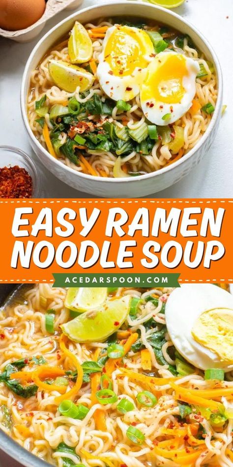 Craving an easy comfort food dinner? Here's a simple soup recipe featuring homemade ramen! Full of vegetables and a boiled egg, this ramen noodle soup is filling. This healthy ramen soup is also vegetarian! Healthy Ramen Noodles, Ramen Noodle Recipes Soup, Ramen Noodles Recipe, Ramen Soup Recipes, Healthy Ramen, Homemade Broth, Ramen Recipes Easy, Easy Ramen, Top Ramen