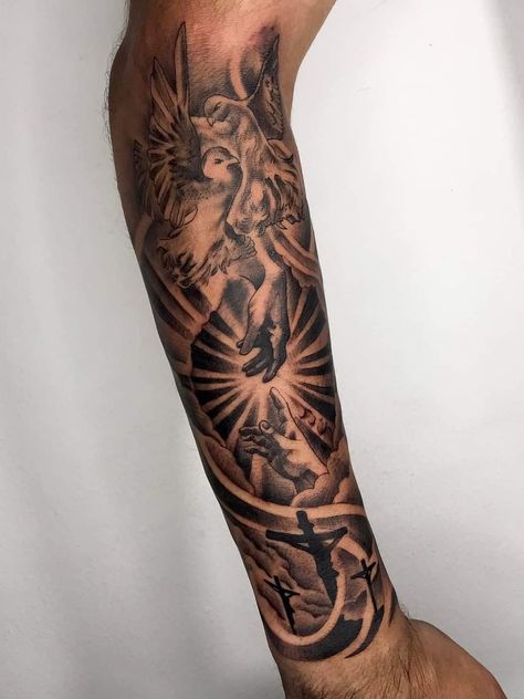 Religous Tattoo Full Sleeve Men, Greek God Forearm Tattoo Men, Creation Of Adam Tattoo Forearm, Saint Lazarus Tattoo, Angel Tattoo Sleeve For Men, Mexican Arm Sleeve Tattoos, Italian Mythology Tattoo, Men’s Outer Forearm Tattoo, Tattoo Ideas For Men Sleeve Angel