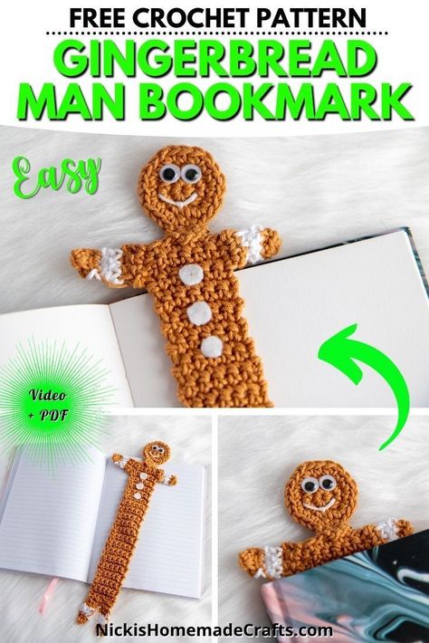 Learn to crochet this beginner friendly Gingerbread Man Bookmark pattern. This free crochet pattern comes with an ebook, pdf and video tutorial for crochet beginners. Great crochet beginner pattern to make last minute gifts for the Christmas and Holiday Season. Crochet Gingerbread Man, Bookmark Crochet Pattern, Crochet Bookmarks Free Patterns, Winter Crochet Patterns, Crochet Trends, Crochet Gingerbread, Arm Crocheting, Crocheted Gifts, Crochet Beginners