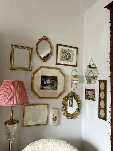 Gallery Wall Two Walls, Antique Gold Gallery Wall, Mirror And Art Wall Collage, Vintage Gold Picture Frame Wall, Painting Frames On Wall Home Decor, Collage Wall Picture Frames, Collage Wall With Mirror And Pictures, Gold Picture Frames Bedroom, Vanity Gallery Wall