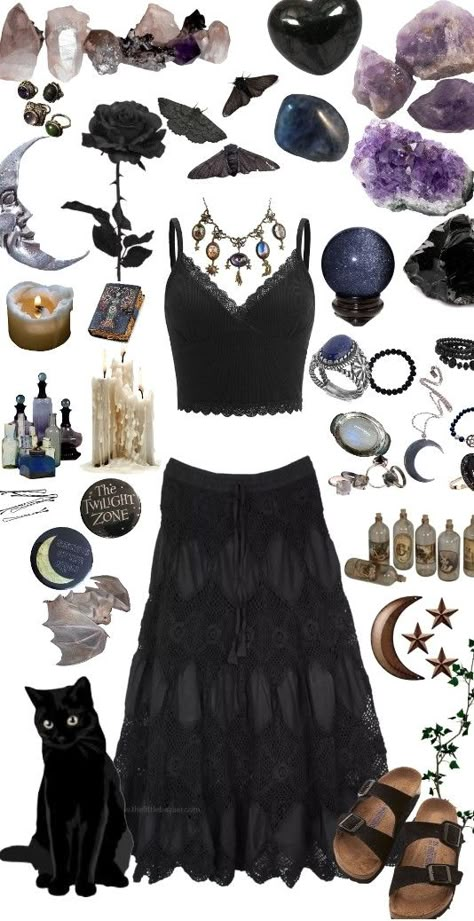 Witchy Beach Outfit, Witchy Dresses Casual, Hippy Goth Aesthetic, Whimsy Goth Aesthetic Outfits, Witchy Cottagecore Aesthetic Outfits, Cottagecore Goth Outfits, Summer Witchy Outfits, Bohemian Goth Outfits, Gothic Hippie Outfits