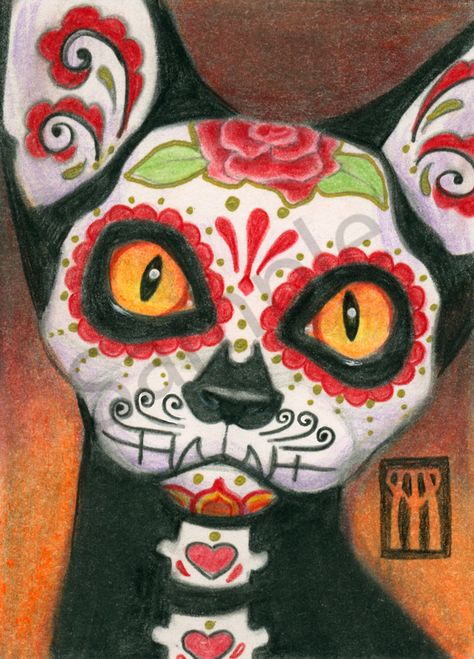 Halloween Bridal Party, Sugar Skull Painting, Sugar Skull Artwork, Sugar Skull Cat, Day Of The Dead Art, Sugar Skull Makeup, Pagan Art, Skull Painting, Sugar Skull Art