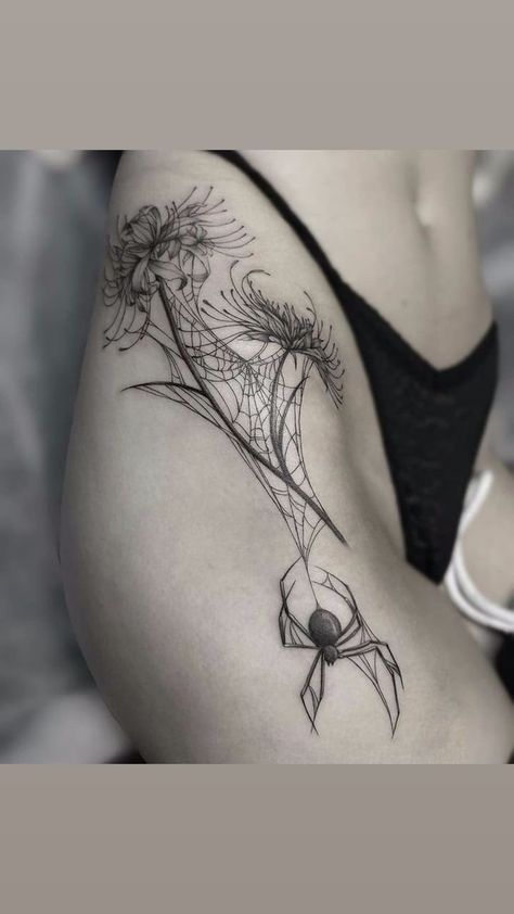 Creepy Plant Tattoo, Tato Panda, Spider And Flower Tattoo, Arm Pit Tattoo, Spooky Floral Tattoo, Bmw Tattoo, Bmth Tattoo, Stile Pin Up, Thigh Piece Tattoos